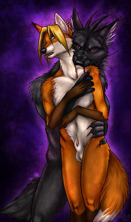 animal_genitalia anthro balls bite black_body black_fur blood bloodletting bodily_fluids claws dark duo from_behind_position fur genitals male male/male orange_body orange_fur penis penis_tip sex sheath shoulder_bite tail vampirism korrok shadowsani_(character) vai canid canine canis fox hybrid mammal undead vampire wolf