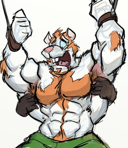 abs anthro body_hair bottomwear buckteeth chest_hair clothing disembodied_hand duo fur green_bottomwear green_clothing green_pants hair male muscular muscular_anthro muscular_male open_mouth open_smile orange_hair pants pecs pink_nose raised_arms restrained restrained_arms simple_background smile solo_focus teeth tickle_fetish tickle_torture tickling tickling_armpits tongue white_background white_body white_fur kctk mammal murid murine rat rodent