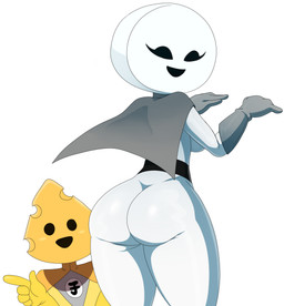 black_eyes black_outline blush blush_stickers breasts butt cape cheese clothing dairy_products duo eyelashes female food glistening glistening_body glistening_butt gloves handwear looking_back male mascot not_furry outline simple_background smile suit white_background white_butt sssonic2 nissin alien food_creature food_humanoid humanoid 2015 digital_media_(artwork) hi_res