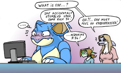 anthro breasts clothed clothing computer dialogue electronics female group male text chibibass nintendo pokemon aquatic cetacean dolphin generation_1_pokemon mammal nidoqueen pokemon_(species) reptile scalie snake toothed_whale english_text