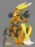 anthro armor black_sclera female fur gun ranged_weapon solo weapon white_body white_fur yellow_body yellow_fur souzousha bandai_namco digimon canid canine digimon_(species) mammal renamon hi_res source_request unavailable_at_source