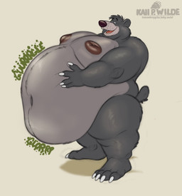 anthro areola belly belly_grab big_belly claws fangs fur gurgle_(sound_effect) half-closed_eyes hand_on_belly hanging_belly male moobs morbidly_obese morbidly_obese_anthro morbidly_obese_male narrowed_eyes navel nude obese obese_anthro obese_male open_mouth overweight overweight_anthro overweight_male paws rumbling_stomach side_view solo sound_effects standing tail teeth text thick_thighs tongue husky2paws disney the_jungle_book baloo bear mammal 2026 hi_res signature