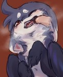 ambiguous_gender blue_body blue_fur blush bodily_fluids breath claws disembodied_finger duo ears_back fangs feathered_wings feathers feral finger_claws finger_in_mouth fur kemono looking_at_viewer mouth_play one_eye_closed open_mouth pivoted_ears red_eyes saliva saliva_string simple_background teeth tongue wings ingi ingi_(character) canid canine fox human mammal 2022 shaded signature