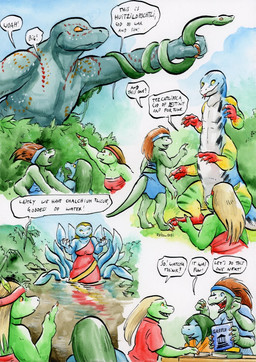 3_toes 4_arms 4_fingers accessory alternate_universe anthro apode arm_outstretched arms_down auburn_hair bald barefoot bent_arm big_breasts big_hair big_hands biped black_markings blonde_hair blue_body blue_clothing blue_shirt blue_sky blue_t-shirt blue_topwear book breasts claws clothed clothing coiling coiling_around_arm collarbone day dialogue digitigrade dress earless eyes_closed feathers feet female feral fingers forest forest_background forked_tongue furniture gesture glistening grabbing_another grass greece green_body green_hair group hair hand_gesture hand_to_face happy headband holding_another holding_book holding_object imagination imagining inside jungle leaf leaf_on_head legless long_body long_hair long_neck looking_down looking_down_at_another macro male markings multi_arm multi_limb multicolored_body nature nature_background nude on_hind_legs open_mouth orange_clothing orange_eyes orange_markings orange_shirt orange_topwear outside partially_submerged pecs plant plantigrade pointing pointing_at_another pointing_up quadruped raised_arms raised_hand rear_view red_body red_clothing red_dress red_markings red_shirt red_t-shirt red_topwear reflection scared serpentine sharp_teeth shirt short_tail shrub simple_background sky smile snout speech_bubble split_form standing stripes surprised swamp t-shirt table tail tapering_tail teal_body teeth text thick_tail toes tongue tongue_out topwear tree ventral_groove water water_reflection white_background white_body white_markings yellow_body yellow_claws yellow_eyes cervelet american_mythology aztec_mythology mesoamerican_mythology mythology aqua_(growing_troubles) chalchiuhtlicue huitzilopochtli liz_(growing_troubles) nia_(growing_troubles) tezcatlipoca_(mythology) aquatic cephalopod deity feathered_scalie humanoid lizard lizard_taur merfolk mollusk reptile reptile_taur scalie scalie_taur snake taur 2021 comic english_text handwritten_text multiple_scenes painting_(artwork) shaded signature traditional_media_(artwork) traditional_painting_(artwork) traditional_watercolor_(artwork) watercolor_(artwork)