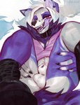 anthro balls black_nose butt clothed clothing fur genitals hair male nude open_mouth simple_background solo teeth tongue white_body white_fur hauringu canid canine mammal 2025 digital_media_(artwork) hi_res