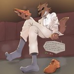 anthro bent_legs clothing crossed_legs dialogue feet footwear leg_over_thigh looking_at_viewer low-angle_view male male_anthro shoes smelly smelly_feet smug socks solo speech_bubble taking_off_shoes teasing text mofu_(artist) dreamworks the_bad_guys mr._wolf_(the_bad_guys) canid canine canis mammal wolf english_text hi_res