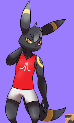 anthro anthrofied arm_markings atari_logo black_body black_claws black_ears black_fur black_tail bottomwear chest_tuft claws clothed clothed_anthro clothed_male clothing ear_markings fur hand_behind_head logo logo_on_clothing looking_at_viewer male markings pokemorph pupils purple_background red_clothing red_eyes red_shirt red_topwear ring_(marking) shirt shorts shoulder_markings simple_background sleeveless_shirt slit_pupils solo standing tail tail_markings topwear tuft white_bottomwear white_clothing white_shorts yellow_markings yellow_sclera darknsfwindie atari nintendo pokemon lucky_(odeko-yma) eeveelution generation_2_pokemon pokemon_(species) umbreon 2026 hi_res watermark