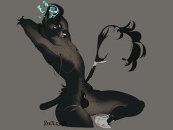 animal_genitalia anthro balls black_body black_fur brown_background brown_body brown_fur fire flaming_horn fully_sheathed fur furgonomic_piercing furgonomics genital_piercing genitals hands_behind_head horn male male_anthro nipple_chain nipple_piercing nipples nude_anthro nude_male piercing sheath sheath_piercing simple_background sitting small_waist solo tail tail_tuft tuft faedread equid equine mammal nyxie
