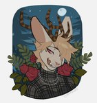 anthro antlers clothed clothing eyebrows flower hair horn male plant rose_(flower) smile solo tongue tongue_out ramahuro ambrose_(ambrobun) jackalope lagomorph mammal hi_res