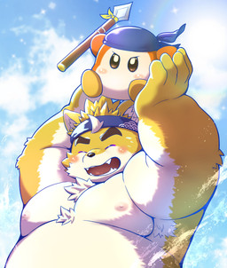 anthro belly blush clothed clothing duo eyebrows fur kerchief male melee_weapon musclegut muscular nipples orange_body orange_fur polearm spear thick_eyebrows topless topless_anthro topless_male weapon kay_46_nrb kirby_(series) nintendo tamacolle bandana_waddle_dee musashi_(tamacolle) canid canine canis domestic_dog mammal shiba_inu spitz waddle_dee absurd_res hi_res