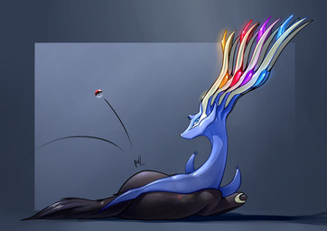 ambiguous_gender antlers black_body black_fur blue_body blue_eyes blue_fur bounce butt feral fur horn looking_at_viewer lying pokeball simple_background solo standard_pokeball underpable nintendo pokemon deer generation_6_pokemon legendary_pokemon mammal pokemon_(species) xerneas xerneas_(active_mode) absurd_res hi_res