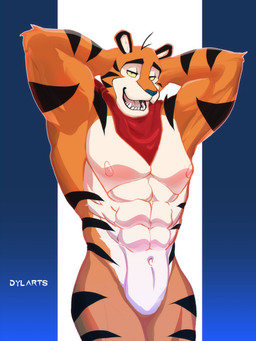 abs anthro blue_background countershading fangs featureless_crotch fur hands_behind_head kerchief looking_at_viewer male mascot muscular muscular_anthro muscular_male navel neckerchief neckwear nipples null open_mouth orange_body orange_fur pecs raised_arms simple_background smile solo striped_body striped_fur stripes teeth white_background white_body white_fur wide_hips yellow_eyes yellow_sclera dylarts frosted_flakes kellogg's tony_the_tiger felid mammal pantherine tiger 3:4 absurd_res hi_res