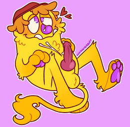 animal_genitalia animal_penis anthro balls blush blushing_profusely bodily_fluids canine_genitalia canine_penis clothing cum cum_on_face cum_on_own_face cum_on_self erection fur genital_fluids genitals hair hat headgear headwear knot male orange_hair pawpads paws penis presenting presenting_penis purple_eyes purple_nose purple_pawpads simple_background smile solo tail tail_tuft teeth tuft underbite yellow_body conditional_dnp sleepweed bugsnax young_horses snorpington_fizzlebean grumpus digital_media_(artwork) hi_res