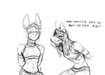 angry anthro bodily_fluids bound clothed clothing crossdressing dialogue duo femboy hands_behind_back hands_tied male midriff saliva saliva_on_face smile text translucent translucent_clothing veil hladilnik donk_(hladilnik) asinus donkey equid equine hybrid mammal mule 2024 english_text hi_res monochrome sketch