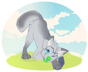 4_toes blue_eyes day detailed_background feet feral fur green_nose green_tongue grey_body grey_fur male outside paws sky smile solo toes tongue senimasan canid canine canis mammal wolf 2015 digital_media_(artwork)