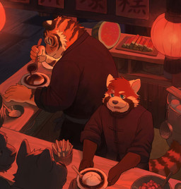 anthro asian_clothing biped blue_eyes chinese_clothing clothed clothing cooking detailed_background east_asian_clothing food fruit group humanoid_hands kemono male melon orange_body plant watermelon watermelon_slice hoggan ailurid canid canine felid mammal pantherine red_panda tiger 2022 absurd_res hi_res