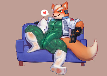 3_fingers 4_toes abs anthro backless_gloves biped black_clothing black_gloves black_handwear black_nose blush bodysuit breath bulge cheek_tuft closed_smile clothed clothed_anthro clothed_male clothing detailed_bulge dipstick_tail facial_tuft fangs feet fingers footwear fur furniture genital_outline glistening glistening_bodysuit glistening_clothing glistening_eyes glistening_skinsuit gloves green_bodysuit green_clothing green_eyes green_skinsuit gun handgun handwear heart_symbol holding_gun holding_handgun holding_object holding_pistol holding_ranged_weapon holding_weapon jacket latex latex_bodysuit latex_clothing latex_skinsuit looking_at_viewer male male_anthro markings mouth_closed multicolored_body multicolored_fur multicolored_tail muscular muscular_anthro muscular_male musk on_sofa open_clothing open_jacket open_topwear orange_body orange_fur pecs penis_outline pillow pistol ranged_weapon simple_background sitting sitting_on_sofa skinsuit smile smiling_at_viewer socks sofa solo speech_bubble tail tail_markings tan_body tan_fur tan_tail tan_tail_tip teeth tight_clothing toes topwear translucent translucent_clothing translucent_footwear translucent_socks tuft two_tone_body two_tone_fur weapon white_clothing white_footwear white_jacket white_pillow white_socks white_topwear cydonia_xia nintendo star_fox fox_mccloud canid canine fox mammal 2026 absurd_res digital_media_(artwork) hi_res