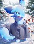 ambiguous_gender blue_body blue_eyes clothed clothing feral outside side_mouth smile snow solo tail daimonkisora mythology palworld pocketpair chillet dragon mythological_creature mythological_scalie pal_(species) scalie 2024 hi_res