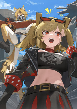 anthro belt blonde_hair bodily_fluids bottomwear breasts clothing crop_top denim denim_bottomwear denim_clothing denim_shorts duo emanata eyebrow_through_hair eyebrows eyelashes eyes_closed eyewear eyewear_on_head female fingerless_gloves flying_sweatdrops fur gloves hair handwear inner_ear_fluff jacket mask midriff navel open_mouth red_eyes shirt shorts sunglasses sunglasses_on_head sweat sweatdrop topwear translucent translucent_hair tuft white_body white_fur yellow_body yellow_fur hood_(james_x) mihoyo zenless_zone_zero burnice_white pulchra_fellini felid feline felis human mammal thiren 2025 hi_res