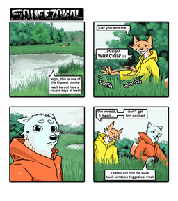 anthro clothed clothed_anthro clothed_male clothing coat dialogue double_entendre duo fur gesture hand_gesture looking_at_another male orange_body orange_fur outside plant pond power_tool raincoat speech_bubble text tools topwear tree white_body white_fur working hieronymusjohnson kilo_(hieronymusjohnson) squeez_(hieronymusjohnson) canid canine canis domestic_dog fox mammal nordic_sled_dog samoyed spitz 2026 aliasing binary_drawing comic digital_drawing_(artwork) digital_media_(artwork) english_text hi_res