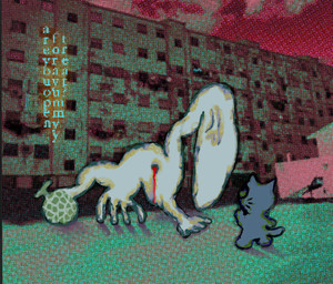 ambiguous_gender anthro blood blue_body bodily_fluids building chibi creepy detailed_background duo feral food fruit horror_(theme) melon outside plant pointy_ears prick_ears tail text vein whiskers white_body wounded plastiboo domestic_cat felid feline felis mammal monster 2021 hi_res