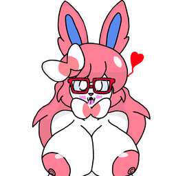 anthro aroused big_breasts blush bodily_fluids breasts close-up eyewear female glasses hair heart_symbol hearts_around_head nerd nude nude_anthro pink_hair saliva solo tongue tongue_out wearing_glasses frutigooner nintendo pokemon javisylveon_(mintyspirit) eeveelution generation_6_pokemon pokemon_(species) sylveon 1:1