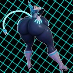 anthro areola big_breasts big_butt blue_hair boots breasts butt clothing female floating_hands footwear glowing glowing_eyes hair hand_on_butt high_heeled_boots high_heels huge_butt looking_back machine nipples shoes solo tail yellow_eyes madladdeluxe deltarune undertale_(series) tasque_manager android darkner felid feline mammal robot 3d_(artwork) digital_media_(artwork) hi_res