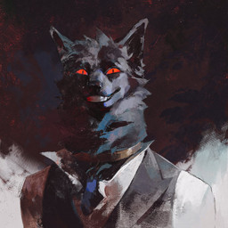 anthro black_body black_fur black_nose clothing collar fur glowing glowing_eyes kemono looking_at_viewer male pointy_ears red_eyes smile smiling_at_viewer solo topwear vest luoluokun moth_(luoluokun) canid canine canis mammal wolf 1:1 hi_res