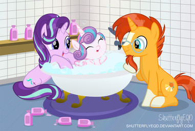 bath bathing bathroom beard blaze_(marking) blue_eyes bottle container cutie_mark eyes_closed eyewear facial_hair facial_markings female feral glasses group hair head_markings horn inside male markings multicolored_hair open_mouth open_smile partially_submerged purple_eyes smile two_tone_hair white_markings wings shutterflyeqd friendship_is_magic hasbro my_little_pony mythology flurry_heart_(mlp) starlight_glimmer_(mlp) sunburst_(mlp) equid equine mammal mythological_creature mythological_equine unicorn winged_unicorn 2017 hi_res