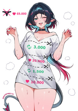 bangs belt_collar big_breasts black_hair blue_eyes blunt_bangs blush blush_lines bodily_fluids breasts claw_pose cleavage clothed clothing colored_nails drooling_tongue ear_piercing excessive_sweat female hair long_hair long_shirt long_tail looking_at_viewer nails off_shoulder one_eye_closed open_mouth open_smile piercing pointy_ears red_nails reward shirt simple_background smile smiling_at_viewer solo spade_tail sweat sweaty_body sweaty_skin tail teal_eyes text thick_thighs tongue tongue_out topwear white_background white_clothing white_shirt white_topwear wide_hips wink winking_at_viewer qiandaiyiyu mihoyo zenless_zone_zero jane_doe_(zenless_zone_zero) animal_humanoid humanoid mammal mammal_humanoid murid murid_humanoid murine murine_humanoid rat_humanoid rodent rodent_humanoid thiren absurd_res digital_drawing_(artwork) digital_media_(artwork) hi_res url
