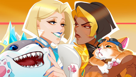 black_eyes blue_eyes blue_lipstick colored_nails eyewear eyewear_on_head female fur goggles goggles_on_head green_eyes group harness lipstick makeup male nails narrowed_eyes open_mouth orange_body orange_fur pawpads pink_nose shark_fin simple_background teeth whiskers white_body white_fur metavictim blizzard_entertainment marvel marvel_rivals overwatch domina_(overwatch) emma_frost fika_(overwatch) jeff_the_land_shark aquatic domestic_cat felid feline felis fish human mammal shark 16:9 hi_res widescreen