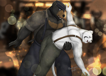 albino anthro biped black_nose clothed clothing dancing duo male open_clothing open_shirt open_topwear shirt suspenders topwear pendoggo echo_(series) echo_project the_smoke_room dimitri_popov samuel_ayers bear cougar felid feline mammal 2021 signature