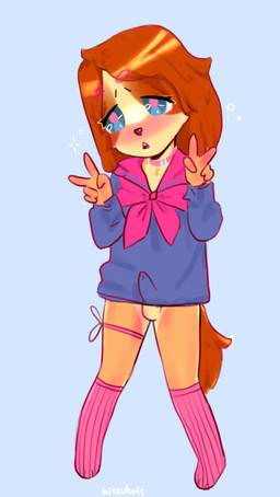 accessory adolescent anthro balls belly blue_eyes blush brown_body brown_fur brown_hair clothed clothing collar collar_ring crossdressing dog_tags ears_up erection femboy fingers fur genitals gesture hair hair_accessory hairclip hand_gesture legwear long_hair looking_at_viewer male necktie open_mouth penis pose school school_uniform shirt shy simple_background solo standing stockings t-shirt tail tail_tuft thick_thighs tongue topwear tuft uniform v_sign young young_anthro kisschris bird_dog canid canine canis cocker_spaniel domestic_dog hunting_dog mammal spaniel absurd_res digital_media_(artwork) hi_res pinup gynomorph_(lore)