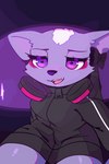 anthro black_clothing black_hoodie black_topwear blush breasts clothing disembodied_hand ear_bow electronics eyes_closed female female_focus fur headphones hoodie mouth_play open_mouth purple_body purple_eyes purple_fur question_mark solo_focus tongue tongue_out tongue_pull topwear freeedon aggretsuko sanrio shikabane_(aggretsuko) mammal mephitid skunk 2023 animated short_playtime