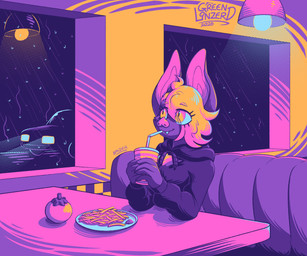 anthro beverage big_ears blonde_hair car clothing container cropped_hoodie cup diner drinking drinking_straw eye_through_hair eyebrow_through_hair eyebrows fangs female food fries fur hair hoodie inside ketchup light looking_out_window night purple_body purple_fur rain_on_window raining reflection restaurant sitting solo teeth topwear translucent translucent_hair vehicle yellow_eyes conditional_dnp greenlinzerd art_fight bat mammal 2026 halftone restricted_palette signature