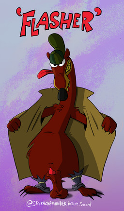 anthro backwards_cap balls clothing coat flashing flashing_penis genitals male saggy_balls solo standing tongue tongue_out topwear trenchcoat srirachamander mammal mustelid musteline true_musteline weasel absurd_res hi_res
