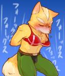 anthro blush bodily_fluids bottomwear bra clothed clothing crossdressing femboy green_bottomwear green_clothing male red_clothing red_underwear solo sweat text underwear kemo_nuko nintendo star_fox fox_mccloud canid canine fox mammal japanese_text translated