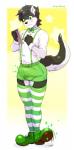 anthro big_bulge biped bow_(feature) bow_tie bulge clothed clothing countershading detailed_bulge erection erection_under_clothing footwear genital_outline male penis_outline shoes solo suspenders tokifuji crisp_the_wolf canid canine canis mammal wolf digital_media_(artwork) hi_res