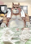 2022 anthro bathing belly black_nose blush brown_body canid canine canis detailed_background domestic_dog erection eyes_closed genitals hi_res humanoid_genitalia humanoid_hands humanoid_penis inside kemono male mammal moobs nipples overweight overweight_male penis sitting solo tongue tongue_out towel towel_around_neck ujishiyo