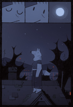 anthro barefoot clothed clothing crop_top ear_piercing facial_piercing feet female moon moss night nose_piercing nose_ring on_roof piercing plant ring_piercing shirt solo star topwear lundi canid canine canis mammal wolf comic hi_res