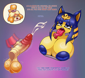 anthro blue_hair blue_nipples bodily_fluids cum cumshot duo egyptian ejaculation female fur genital_fluids genitals glans hair herm humanoid_genitalia intersex intersex/female long_tongue masturbation nipples penile penile_masturbation penis piercing pink_glans puffy_nipples tongue tongue_piercing yellow_body yellow_fur theworkdayover animal_crossing nintendo ankha_(animal_crossing) isabelle_(animal_crossing) canid canine canis domestic_cat domestic_dog felid feline felis mammal shih_tzu toy_dog absurd_res hi_res