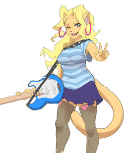anthro blonde_hair bottomwear breasts clothing ear_piercing ear_ring electric_guitar female gesture guitar hair hand_gesture holding_guitar holding_musical_instrument holding_object inner_ear_fluff legwear musical_instrument one_eye_closed open_mouth pattern_clothing piercing plucked_string_instrument ring_piercing simple_background skirt smile solo stockings string_instrument striped_clothing stripes tuft v_sign white_background corablue cheese_quesadilla felid mammal 2022 digital_media_(artwork)