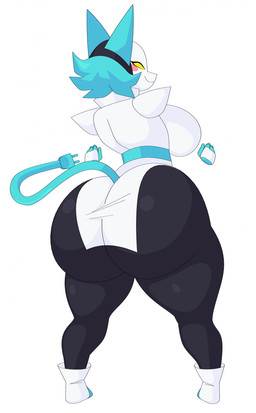 anthro big_breasts big_butt blue_hair blush blush_stickers bottomwear breasts butt clothing female floating_hands footwear hair huge_breasts huge_butt machine pants shoes side_boob smile solo thick_thighs topwear wide_hips yellow_eyes cytrusawa deltarune undertale_(series) tasque_manager darkner felid feline mammal robot absurd_res hi_res