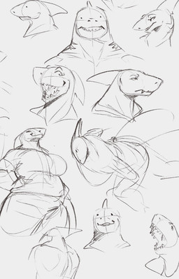 anthro breasts closed_smile clothed clothing dot_eyes fangs female female_anthro fin grin hands_on_hips head_fin looking_at_viewer mouth_closed narrowed_eyes non-mammal_breasts open_mouth open_smile sharp_teeth simple_background simple_eyes smile solo teeth jezzlen aquatic fish shark bust_portrait headshot_portrait monochrome portrait sketch sketch_page three-quarter_portrait
