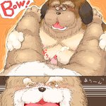 anthro blush bodily_fluids brown_body brown_fur cum duo ejaculation eyewear fur genital_fluids genitals glasses kemono male male/male overweight overweight_male penis tears text norataro canid canine canis domestic_dog mammal 1:1 2005 archived_source japanese_text low_res