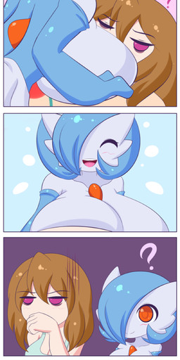 4_panel_comic bare_shoulders bed big_breasts blue_pseudo_hair blush breastfeeding breasts brown_hair chest_spike cleavage closed_smile clothed clothing collarbone duo eyebrow_through_hair eyebrows eyelashes eyes_closed female female/female first_person_view furniture glistening_pseudo_hair hair huge_breasts looking_at_another mouth_closed not_furry one_eye_obstructed open_mouth open_smile orange_eyes pseudo_hair pseudo_hair_over_eye question_mark questionable_consent sleeping smile spikes spikes_(anatomy) translucent translucent_hair white_body jcdr nintendo pokemon lucy_(jcdr) gardevoir generation_3_pokemon human humanoid mammal pokemon_(species) shiny_pokemon 2015 comic digital_media_(artwork) english_description