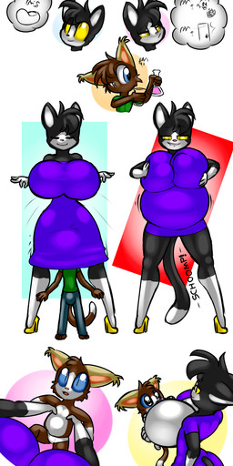 age_regression anthro belly big_breasts black_body black_fur blue_sclera breasts brown_body brown_fur butt clothing dress duo female feral feral_pred fur male simple_background unbirthing vaginal vore white_background yellow_sclera norithics threyon alexandra_salome domestic_cat felid feline felis mammal 2016 hi_res