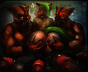 alternative_fashion anthro anthro_penetrated biceps black_nose blush bodily_fluids breathing butt butt_grab captured claws clothed clothing collar cum darkness dirty disembodied_penis erection eyewear female female_penetrated fingering front_view fur gang gaping gas_mask genital_fluids genitals glans glowing goggles green_eyes green_hair green_tail group hair hand_on_butt humanoid_genitalia humanoid_penis inverted_pentacle looking_at_viewer looking_back male male/female male_penetrating mask muscular muzzle_(object) nipples occult_symbol pecs penetration penis pentacle precum punk pussy_sounding rear_view red_glans satanism scar sex sexual_assault shoulder_blades snout symbol tail tattoo topless urethral urethral_fingering urethral_penetration vaginal vaginal_fingering vein vulva wet whipped neurodyne canid canine canis demon domestic_dog mammal 2012 dark_theme digital_media_(artwork)