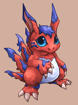 ambiguous_gender belly blue_eyes brown_background claws countershading feral fingers fur hair inner_ear_fluff markings pink_inner_ear purple_body purple_fur purple_hair purple_markings red_body red_fur semi-anthro simple_background smile solo tan_background toe_claws tuft white_belly wide_eyed bandai_namco digimon digimon_(species) elecmon mammal 2015 colored colored_line_art shaded