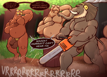 anthro areola ball_size_difference balls barazoku beard belly belly_overhang biceps big_balls big_belly big_muscles big_penis chainsaw creating_art day dialogue dirt duo electronics eyebrows facial_hair flaccid foreskin forest fur genitals glans grass hand_behind_head headphones holding_chainsaw holding_object holding_power_tool holding_tool humanoid_genitalia humanoid_penis log male male/male mature_anthro mature_male modelling motion_lines musclegut muscular muscular_anthro muscular_male mustache navel nipples nude outside overweight overweight_anthro overweight_male pecs penis penis_size_difference plant plantigrade pose power_tool proboscis_(anatomy) pubes sculpture smile sound_effects standing text thick_arms thick_penis thick_thighs tools tree trunk_(anatomy) tuft tusks unretracted_foreskin wood wood_carving daxhush murray_(daxhush) aquatic elephant elephantid mammal pinniped proboscidean walrus 2025 english_text hi_res